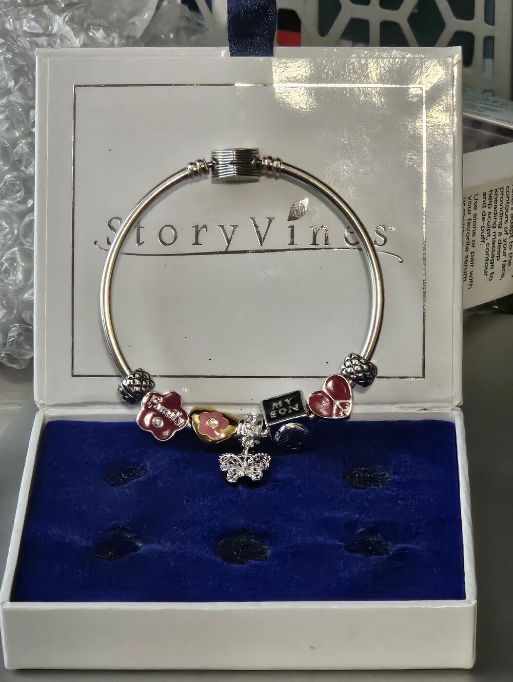 New Story Vines Family Charms 5-Piece Set & Box w/ EUC Silver-tone Bangle Base